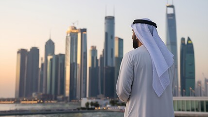 Fototapeta na wymiar Arab Man Contemplating the Dubai Skyline at Sunset