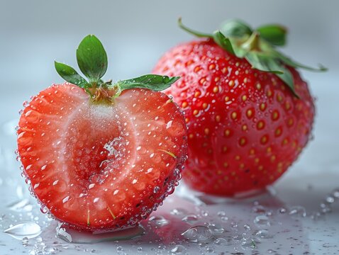 studio shot realistic photography, one strawburry and a half of it isolate on white background