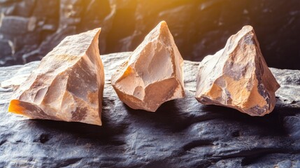 Close-up of ancient stone tools, sharp flint knives, and polished axes on a weathered wooden surface, symbolizing prehistoric craftsmanship and the dawn of human ingenuity.