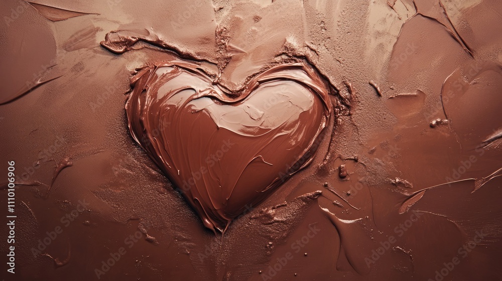 Poster a delicate heart shape made of creamy substance on a rich brown surface, creating a soft, romantic f