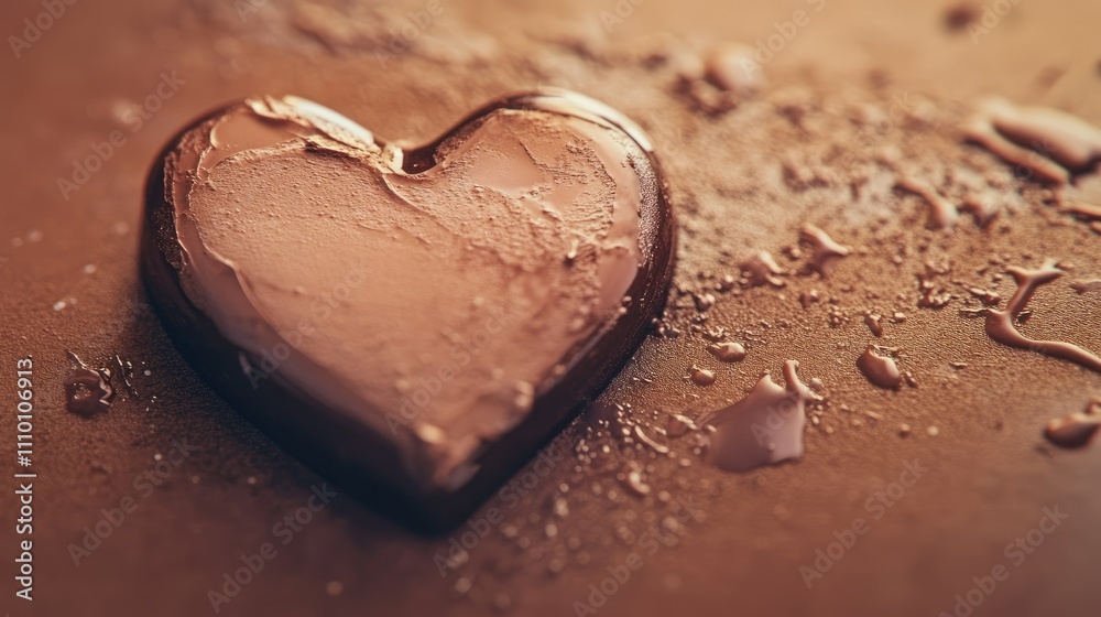 Poster a delicate heart shape made of creamy substance on a rich brown surface, creating a soft, romantic f