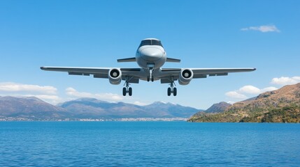 Naklejka premium A Modern Jet Aircraft Approaching Landing Over Calm Blue Waters with Scenic Mountains in the Background on a Clear Day