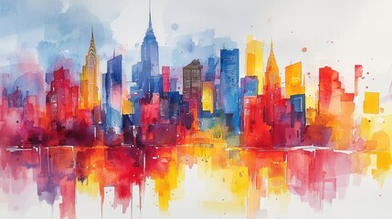 Obraz premium A vibrant watercolor cityscape featuring iconic buildings in splashes of red, yellow, and blue. The loose, impressionistic style creates a lively and energetic atmosphere. The design celebrates 