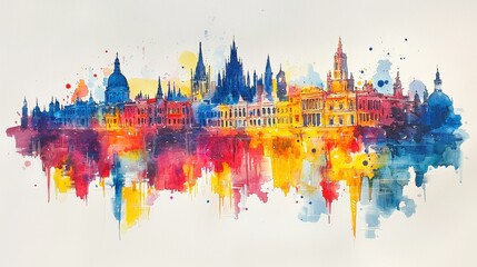 A vibrant watercolor cityscape featuring iconic buildings in splashes of red, yellow, and blue. The loose, impressionistic style creates a lively and energetic atmosphere. The design celebrates 