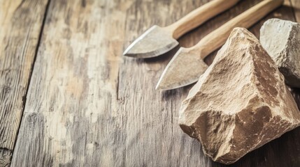 Close-up of ancient stone tools, sharp flint knives, and polished axes on a weathered wooden surface, symbolizing prehistoric craftsmanship and the dawn of human ingenuity.