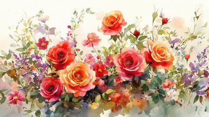 Fototapeta premium A vibrant watercolor floral composition with blooming roses and wildflowers in shades of red, pink, and lavender. The petals are painted with delicate textures, surrounded by green foliage in 