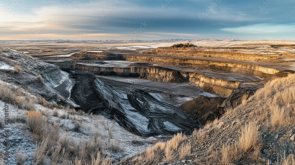 Poster a high-angle shot of an open-pit coal mine, highlighting the layered excavation of coal and the scal