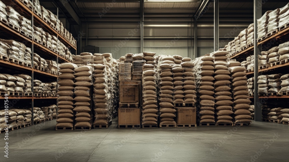 Poster a large warehouse with neatly organized stacks of bags, creating a sense of order and efficiency in 