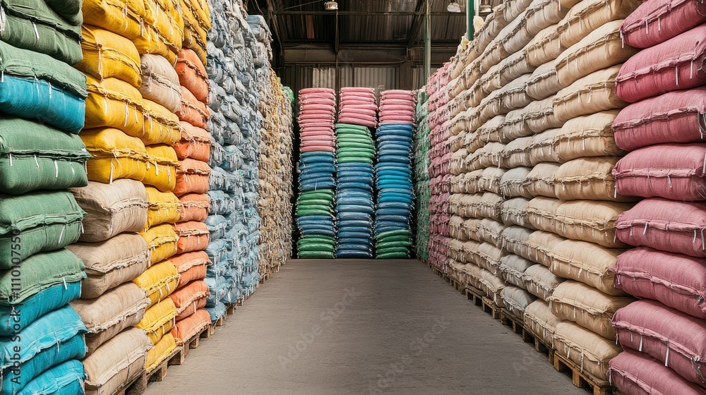 Poster a large warehouse with neatly organized stacks of bags, creating a sense of order and efficiency in 