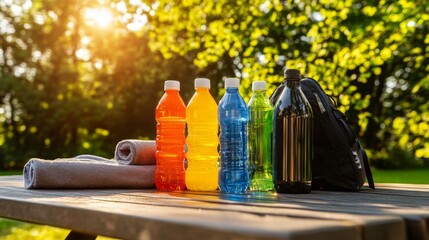 Fototapeta premium Enjoying a refreshing beverage assortment on a sunny day in the park