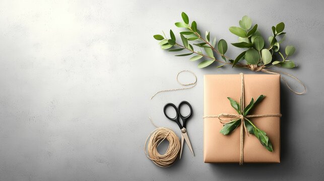 A beautifully wrapped gift in rustic brown paper, adorned with eucalyptus branches and twine, with scissors and extra twine resting on a concrete background.