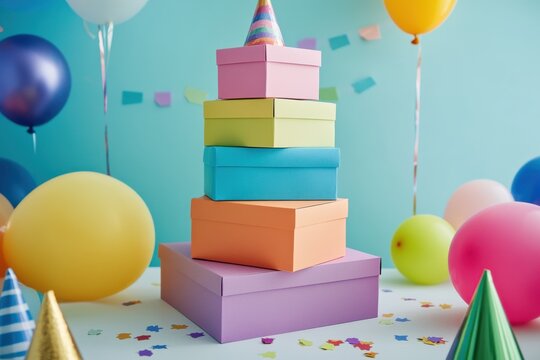 Colorful Stack of Gift Boxes Surrounded by Balloons and Party Decorations, Perfect for Celebrations, Birthdays, and Festive Events with a Playful Atmosphere