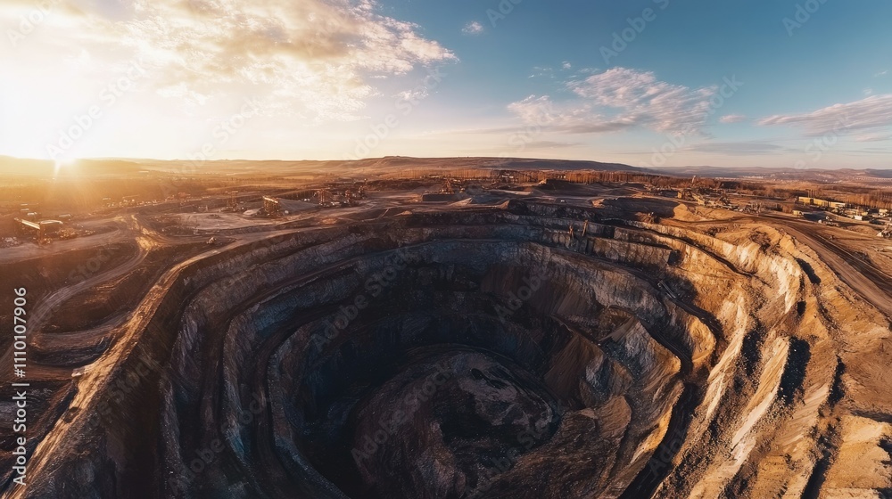Poster A panoramic aerial view of a large open-pit coal mine, showcasing the intricate layers of earth and coal excavation in a massive industrial operation