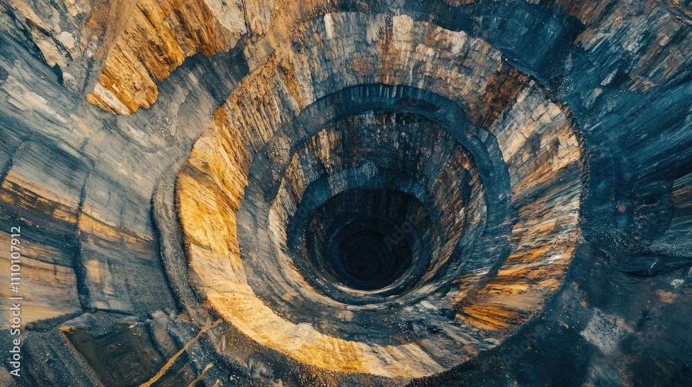 Poster a panoramic aerial view of a large open-pit coal mine, showcasing the intricate layers of earth and 