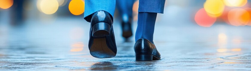 Professional Businessman Walking in Formal Attire with Shiny Black Shoes on a City Street at Night Amidst Beautiful Bokeh Lights and Urban Atmosphere