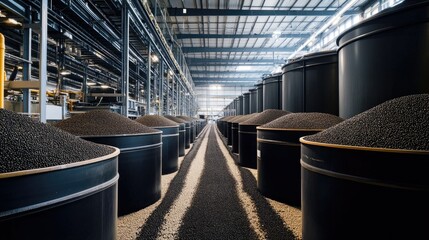 Obraz premium A production area filled with large containers of dark seeds or grains, stacked in an industrial warehouse, showcasing the scale of the operation
