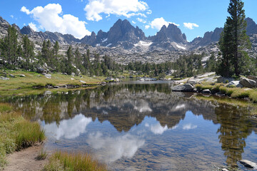 Fototapeta premium Mountain lake with still water mirroring the surrounding peaks