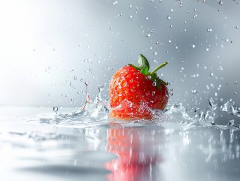 studio shot realistic photography, wide shot of a lot of strawberrys a half of it are falling and drop and sink into water bubble, splash