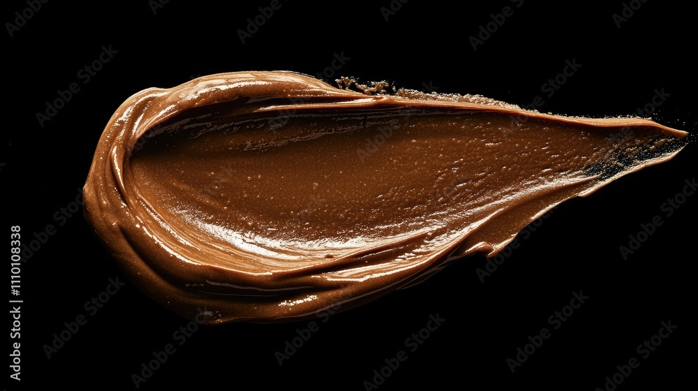 Poster a smooth, creamy chocolate spread on a surface, showcasing its rich, glossy texture as it flows and 