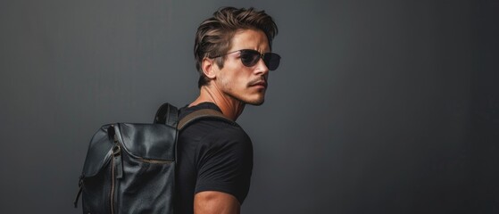 Fototapeta premium Man wearing sunglasses and leather backpack