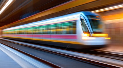 Fototapeta premium Fast-Paced Urban Train in Motion with Colorful Lights Blurring the Scene Conveying a Sense of Speed and Modern Transportation Infrastructure in a City Environment