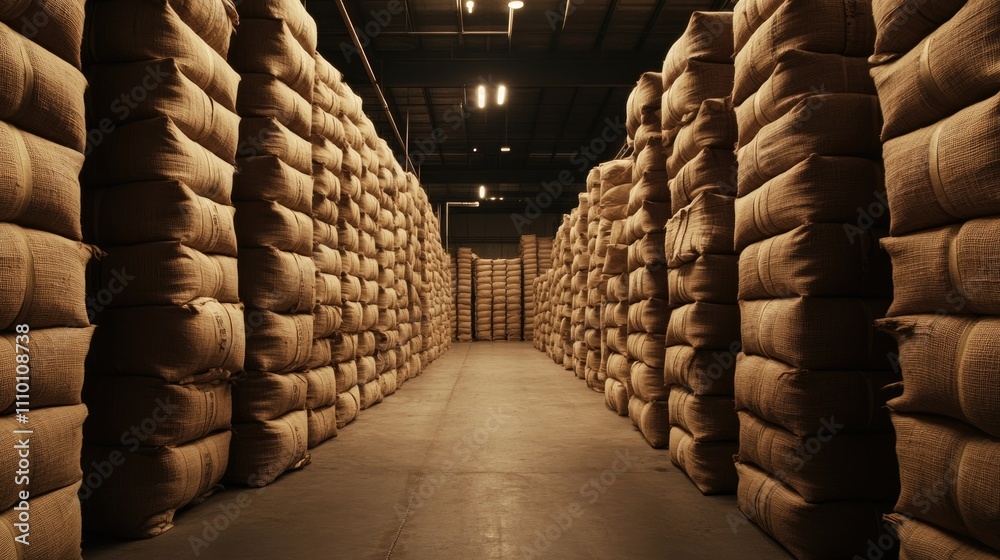 Poster a vast warehouse filled with neatly stacked burlap sacks, conveying a sense of organized storage for