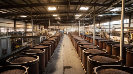 Fototapeta premium A vast warehouse filled with large containers of dark seeds or grains, lined up for processing, in an industrial setting with machinery in the background