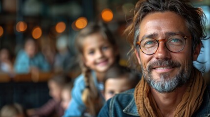 Fototapeta premium Male teacher smiling with students in classroom