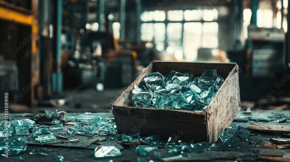 Poster a warehouse scene featuring a box filled with shards of broken glass, with an industrial backdrop hi