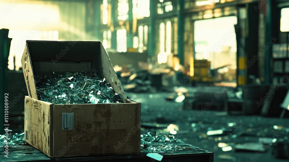Poster a warehouse scene featuring a box filled with shards of broken glass, with an industrial backdrop hi
