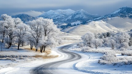 Obraz premium A winding road cuts through a snowy landscape, surrounded by frosted trees and mountains, creating a serene winter scene with untouched snow