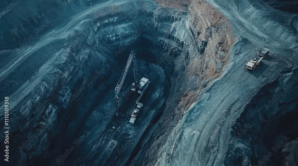 Poster Aerial view of a large open-pit coal mine, with visible layers of coal and massive machinery, showing the scale of the excavation process
