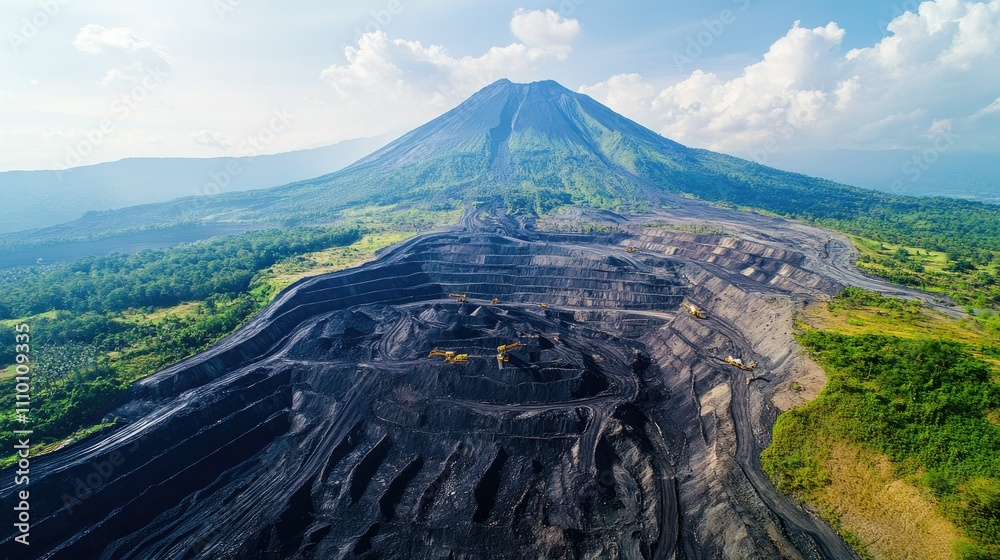 Aufkleber Aerial view of a large open-pit coal mine, with visible layers of coal and massive machinery, showing the scale of the excavation process