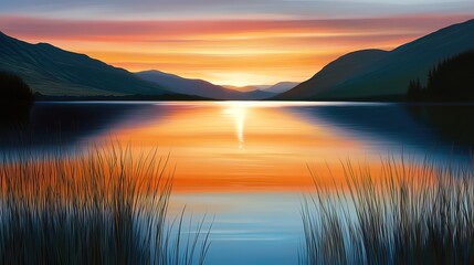 Fototapeta premium Serene sunset over a calm lake reflecting vibrant colors in mountains.