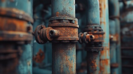 Close-up shot of rusted metal pipes in a warehouse, showcasing the gritty, industrial look of worn and weathered pipes stacked in disarray