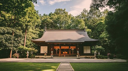 Fototapeta premium Serene Japanese Shrine Nestled Within Lush Green Forest