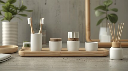 Fototapeta premium Minimalist Bathroom Essentials with Wooden Accents and Houseplants for Modern Home Decor
