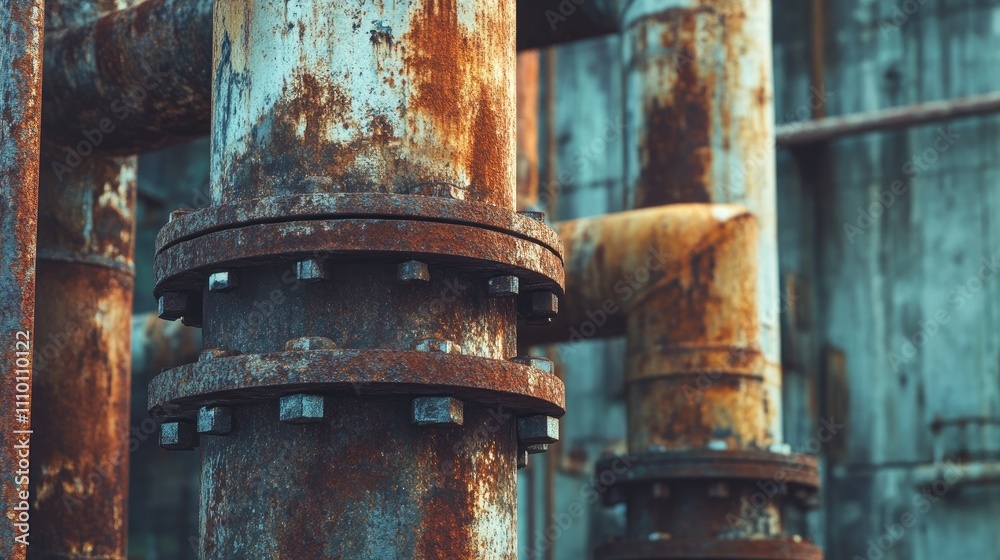 Poster rusted metal pipes stacked in an industrial space, emphasizing the aged and weathered texture, with 