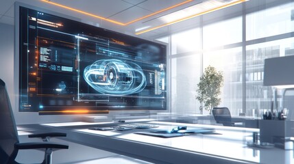 Obraz premium Futuristic office interior with large screen displaying holographic 3D engine design.