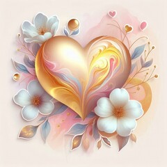 Obraz premium Valentine's Day illustration in the shape of a heart with pastel-colored flowers and leaves. The overall color palette is soft and soothing, featuring shades of golden, white, blue, pink, beige