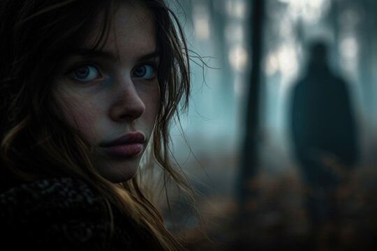 Close-up of a scared girl standing in a dark foggy forest. In the background is the silhouette of a male figure.