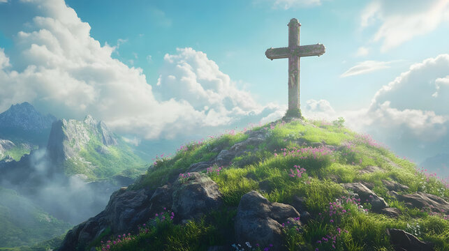 A cross on the hill of Golgotha ​​with a nice view on a clear day