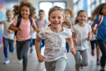 Group of children running in a gym