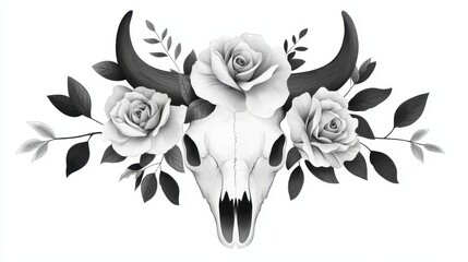 Black and White Decorative Skull with Roses and Leaves Design