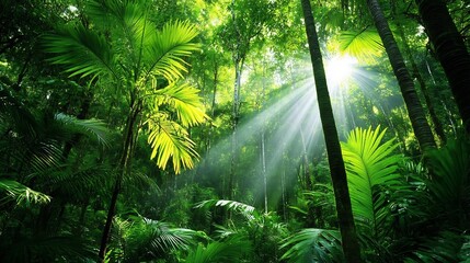 Lush Green Tropical Forest with Sunlight Streaming Through Verdant Foliage