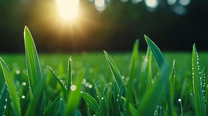 Fototapeta premium Refreshing Morning Dew on Vibrant Green Grass Blades with Soft Focus for a Serene Ambiance
