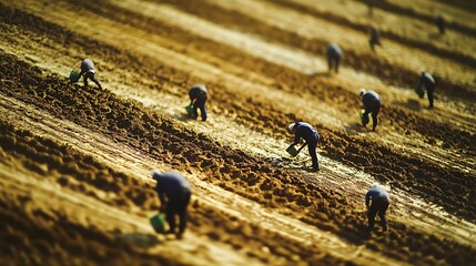 Obraz premium Aerial view of numerous farmers diligently planting crops in meticulously organized rows of a vast agricultural field.
