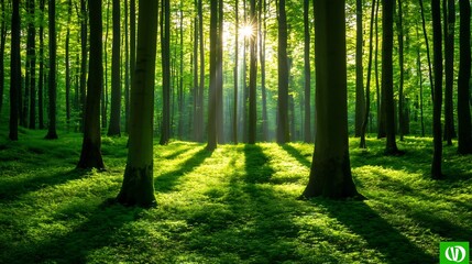 Obraz premium Sunlight Streaming Through Verdant Foliage in Serene Forest Landscape