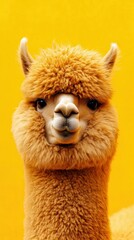 Fototapeta premium Fluffy alpaca portrait against a yellow background. AI.