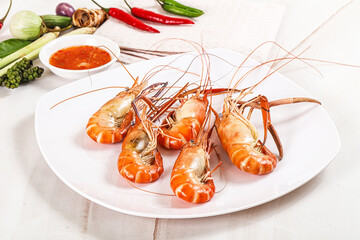 Boiled tiger prawn with sauce